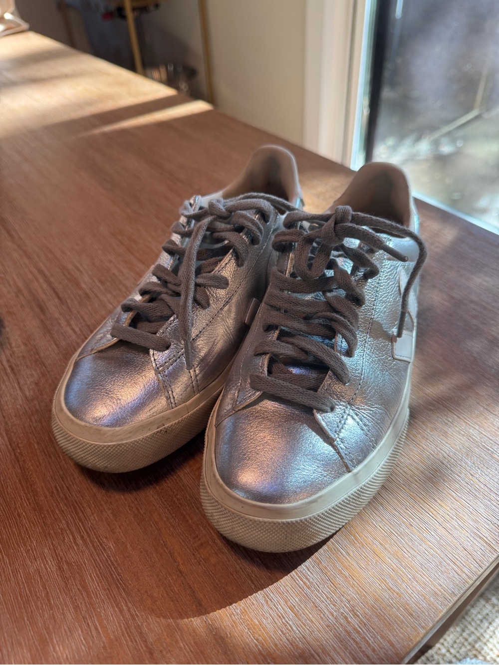 Metallic Silver Women’s Leather Sneakers - Casual Lace-Up